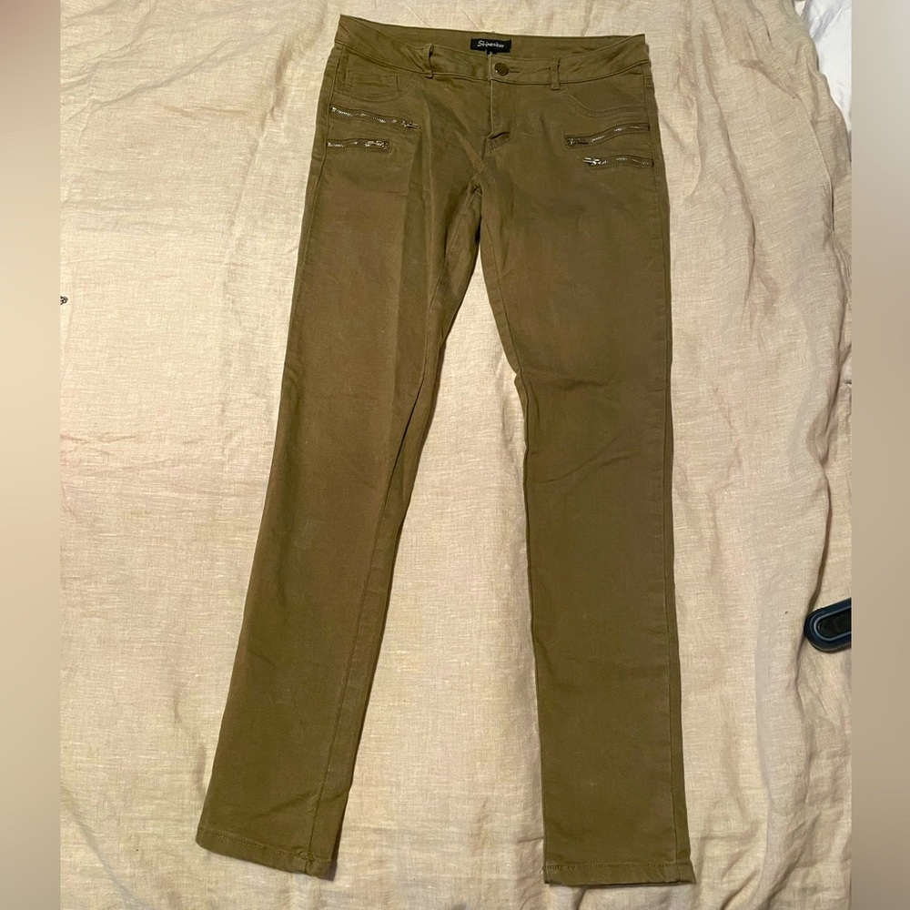 Shinestar Olive Green Zipper Accents low rise skinny jeans